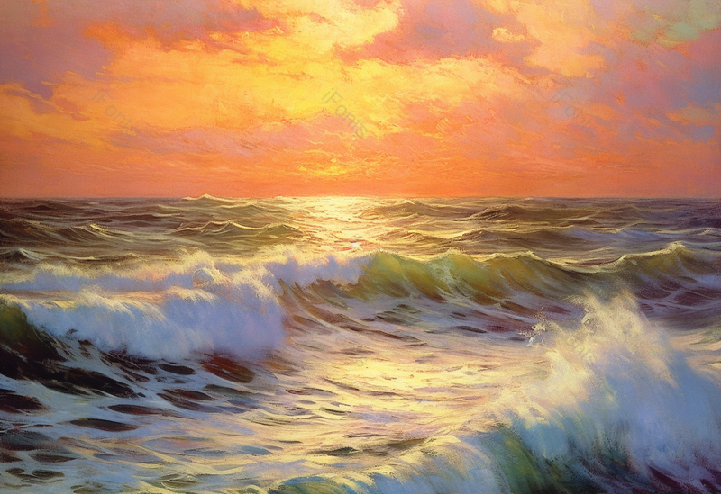 橙色天空海浪油画插画背景,插画/手绘图,插画/手绘图库,插画/手绘图下载,插画/手绘